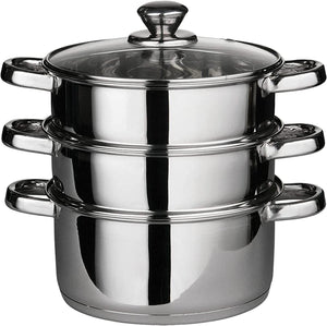 3 TIER STAINLESS STEEL 22CM STEAMER POT PAN COOKER SET GLASS LID