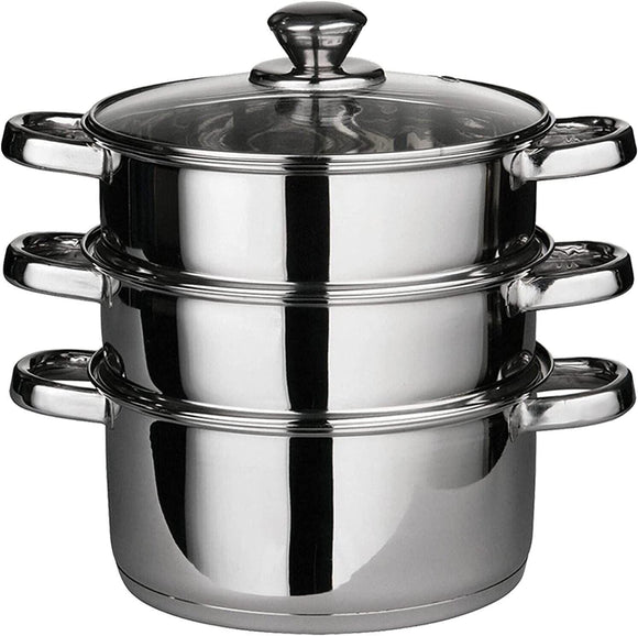 3 TIER STAINLESS STEEL 22CM STEAMER POT PAN COOKER SET GLASS LID
