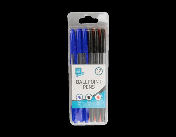 12 High Quality BallPoint Biro Pens Assorted Colour Pack Blue Black Red Medium