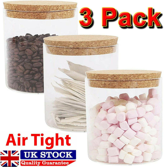 Set of 3 Glass Storage Jars with Cork Lids Airtight Kitchen Storage Jar 400ml