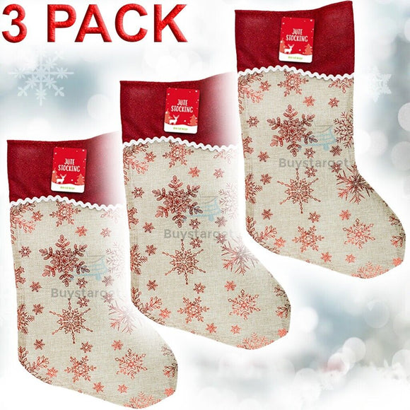 3x Jute Hessian Christmas Xmas Stocking Stockings Foil Printed Santa Gift Sack