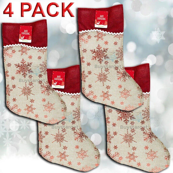 4x Jute Hessian Christmas Xmas Stocking Stockings Foil Printed Santa Gift Sack