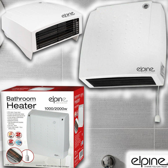 Electric Fan Heater Wall Mounted Bathroom Kitchen Workshop Hot Warm Downflow 2KW