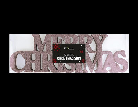 Merry Christmas Rose Gold Glitter Sign Xmas Decorations Home Free Standing UK
