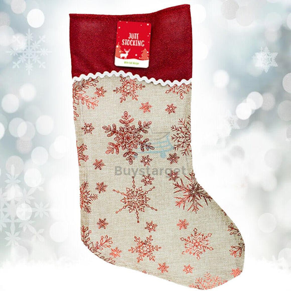 Jute Hessian Christmas Xmas Stocking Stockings Foil Printed Santa Gift Sack UK