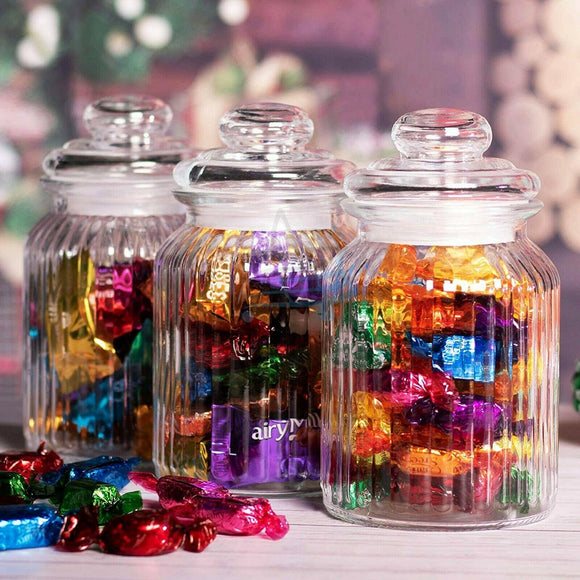 3x Large Ribbed Glass Candy Jars with Lid Sweets Biscuits Dried