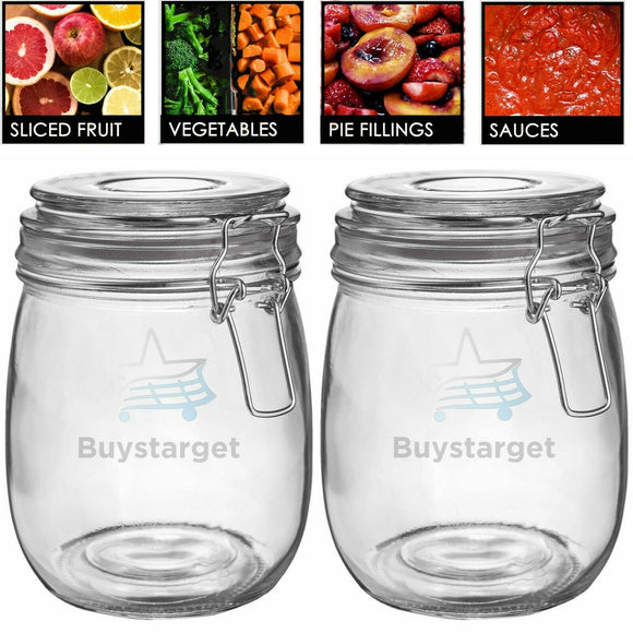 Set of 2 Round Clip Top Glass Jars Glass Preserve Pots Jams Storage Airtight