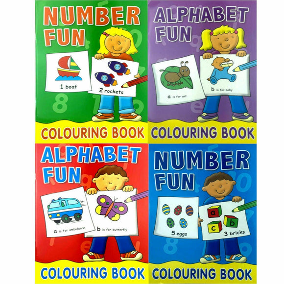 4x Fun Colouring Book Alphabet Numbers Kids Activity Boys Girls Home Learning